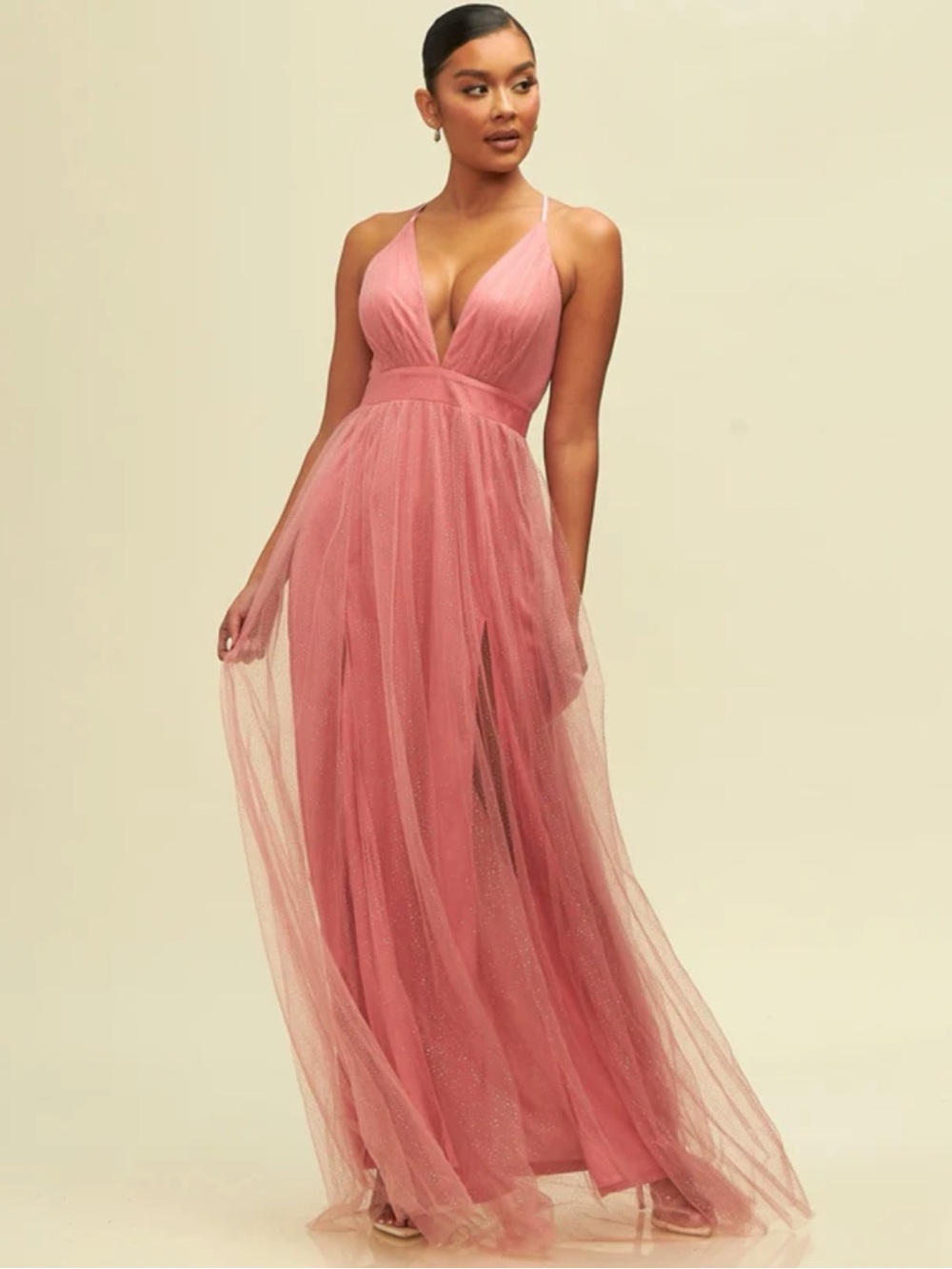 Mauve Pink Tulle Maxi Dress with Crisscross Straps